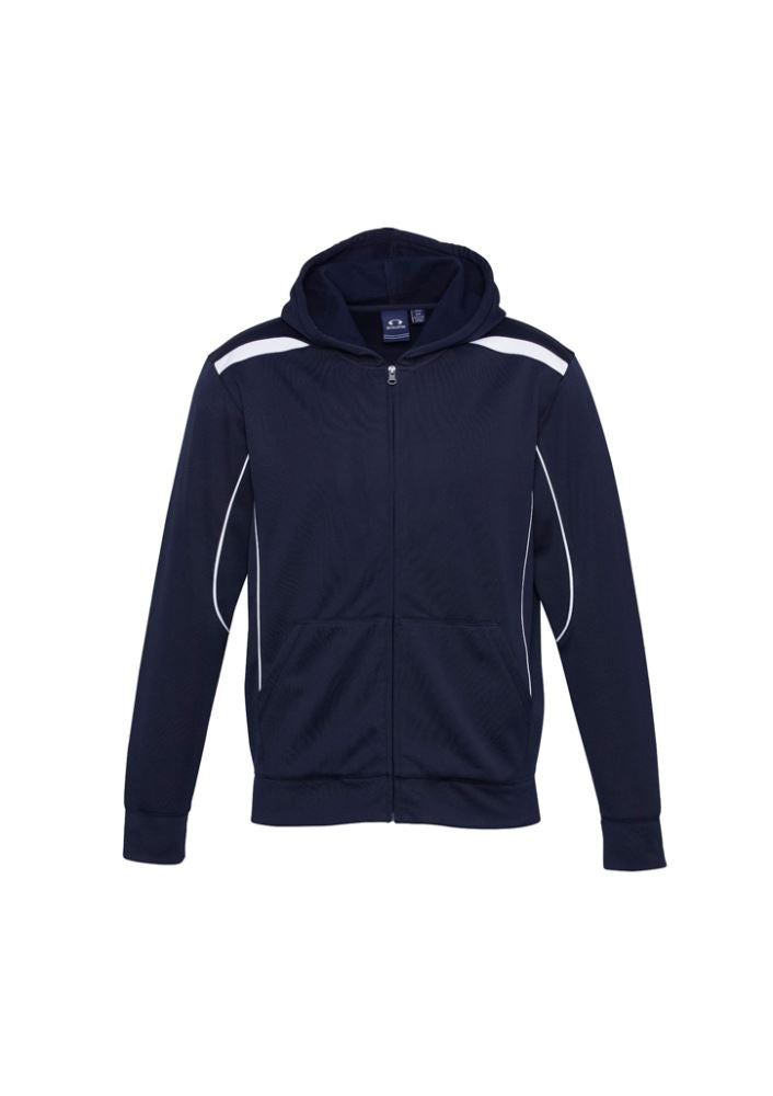 Navy and white kids' hoodie with full zipper, kangaroo pocket, contrast panels, and no drawstring for safety, size 14.