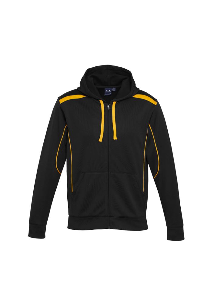 Men's 3XL United Hoodie in black and gold, featuring contrast panels, full zipper, and kangaroo pocket for style and comfort.