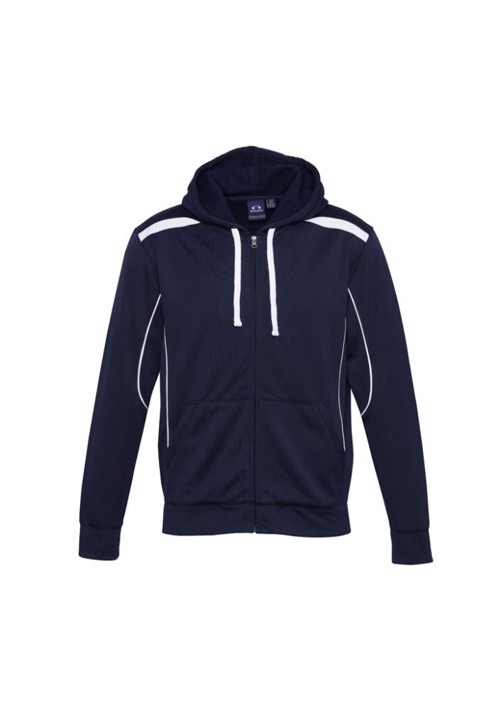 Men's United Hoodie in Navy/White, size L, featuring a full zipper, kangaroo pocket, and sporty contrast panels.