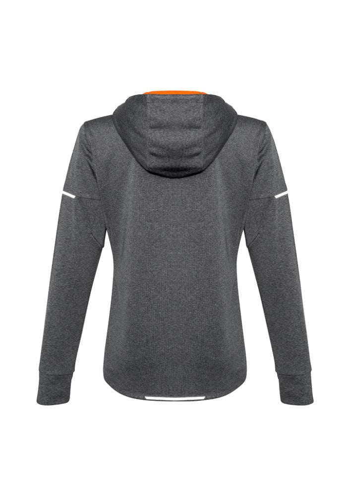 Ladies Pace Hoodie in Grey/Fluoro Orange, size M, featuring breathable fabric, thumb holes, and reflective trims for visibility.