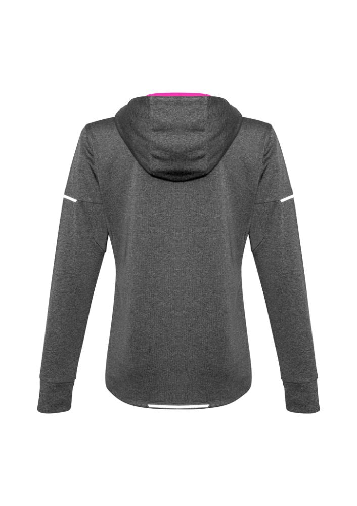 Ladies Pace Hoodie in grey and fluoro pink, featuring breathable fabric, reflective trims, and thumb holes for comfort.