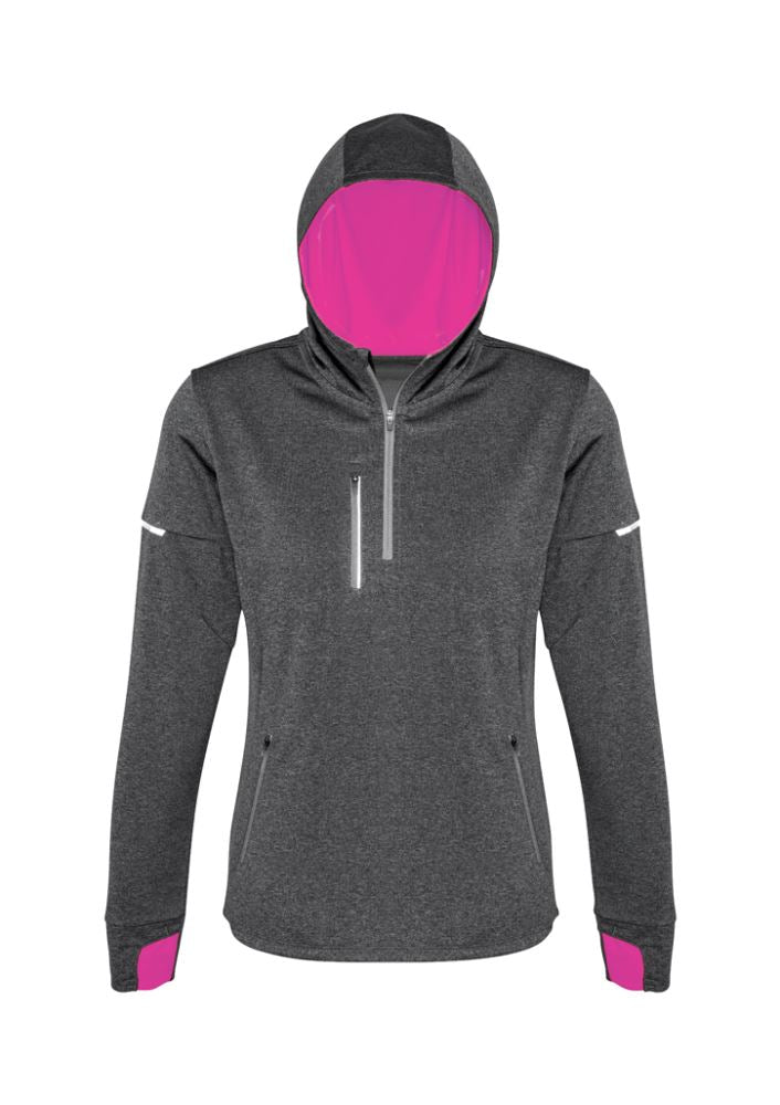 Ladies Pace Hoodie in grey and fluoro pink, size M, featuring breathable fabric, reflective trims, and thumb holes for comfort.