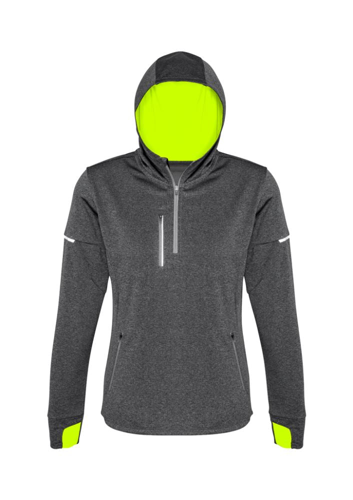 Ladies Pace Hoodie in grey and fluoro yellow, featuring breathable fabric, thumb holes, and reflective trims for workouts.