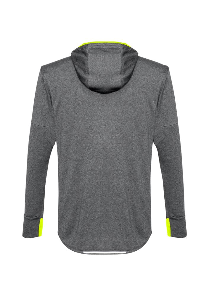 Men's grey and fluoro yellow hoodie featuring breathable fabric, reflective trims, and thumb holes, perfect for active wear.
