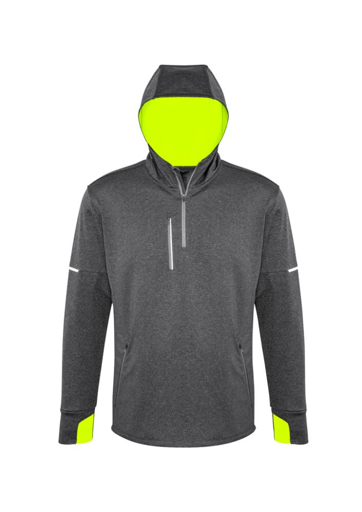 Men's 2XL Pace Hoodie in grey and fluoro yellow, featuring breathable fabric, reflective trims, and thumb holes for comfort.