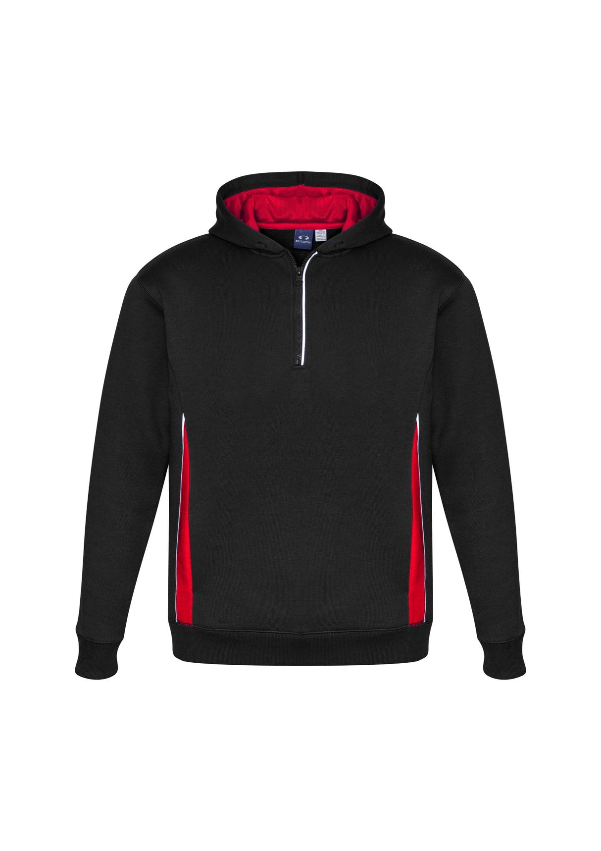 Kids Renegade Hoodie in Black, Red, and Silver with zip neck, pockets, and reflective trims for stylish comfort and sun protection.