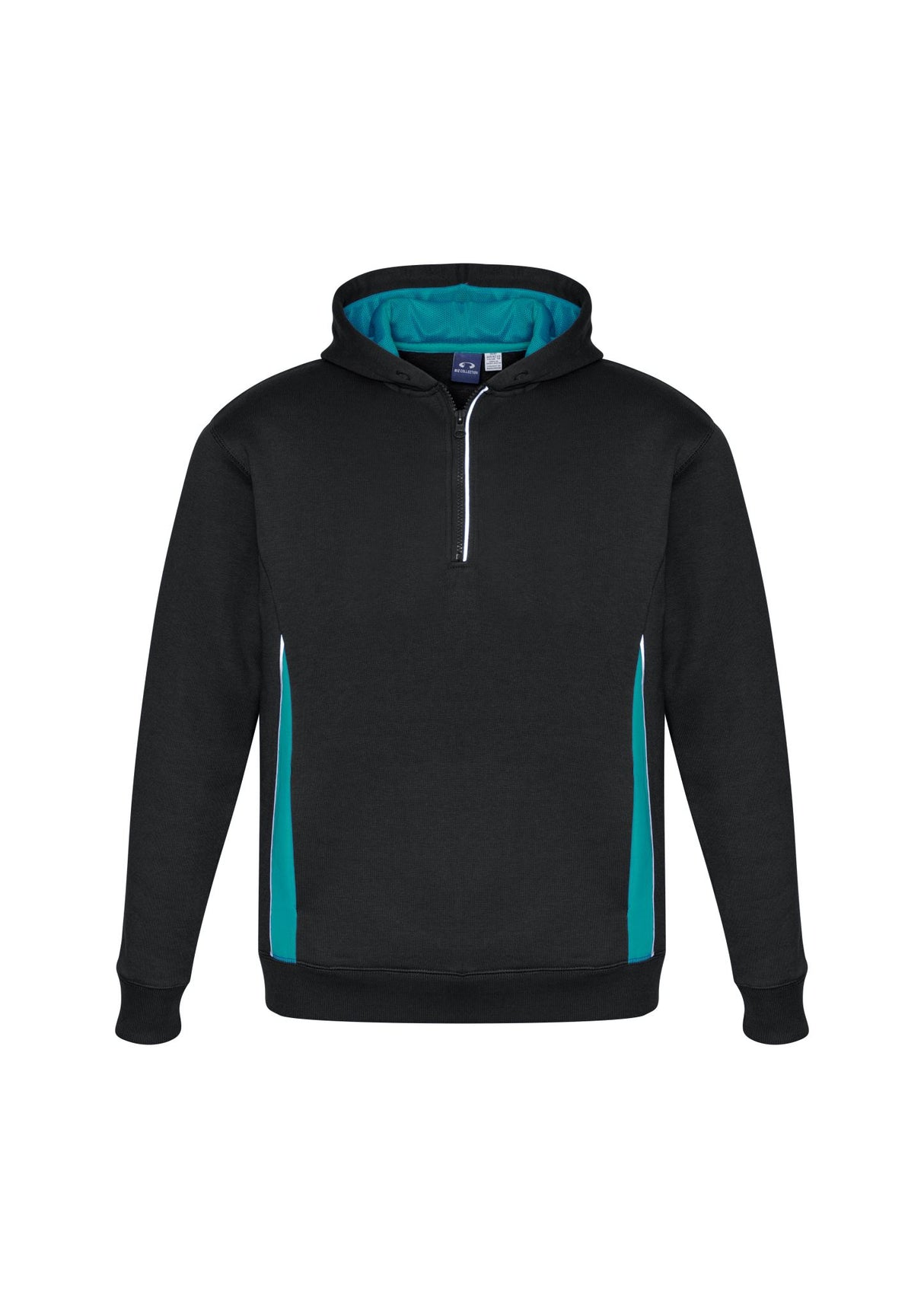 Kids Renegade Hoodie in Black/Teal/Silver, size 12, with cozy fleece, reflective trims, zip neck, and side pockets.