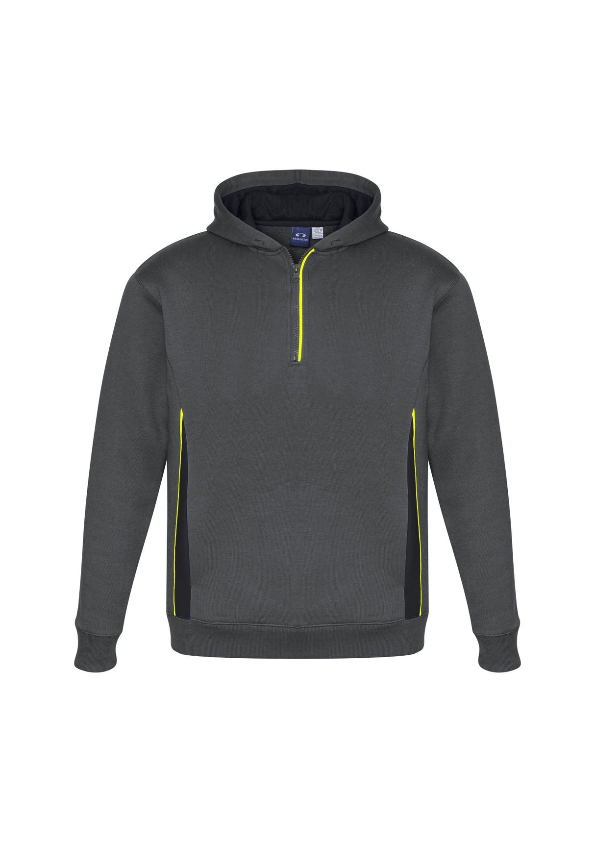 Kids Renegade Hoodie in grey, black, and fluoro yellow features a zip neck, hand warmer pockets, and reflective trims for safety.