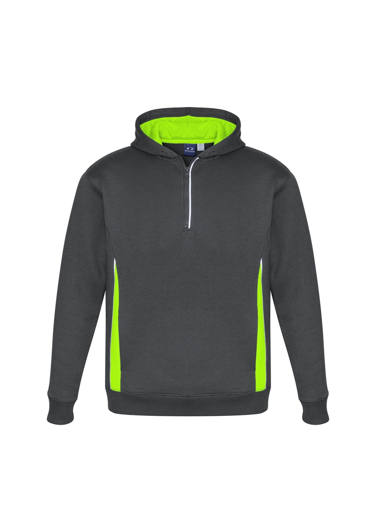 Kids Renegade Hoodie in grey with fluoro lime and silver, featuring a zip neck, reflective trims, and cozy hand pockets.