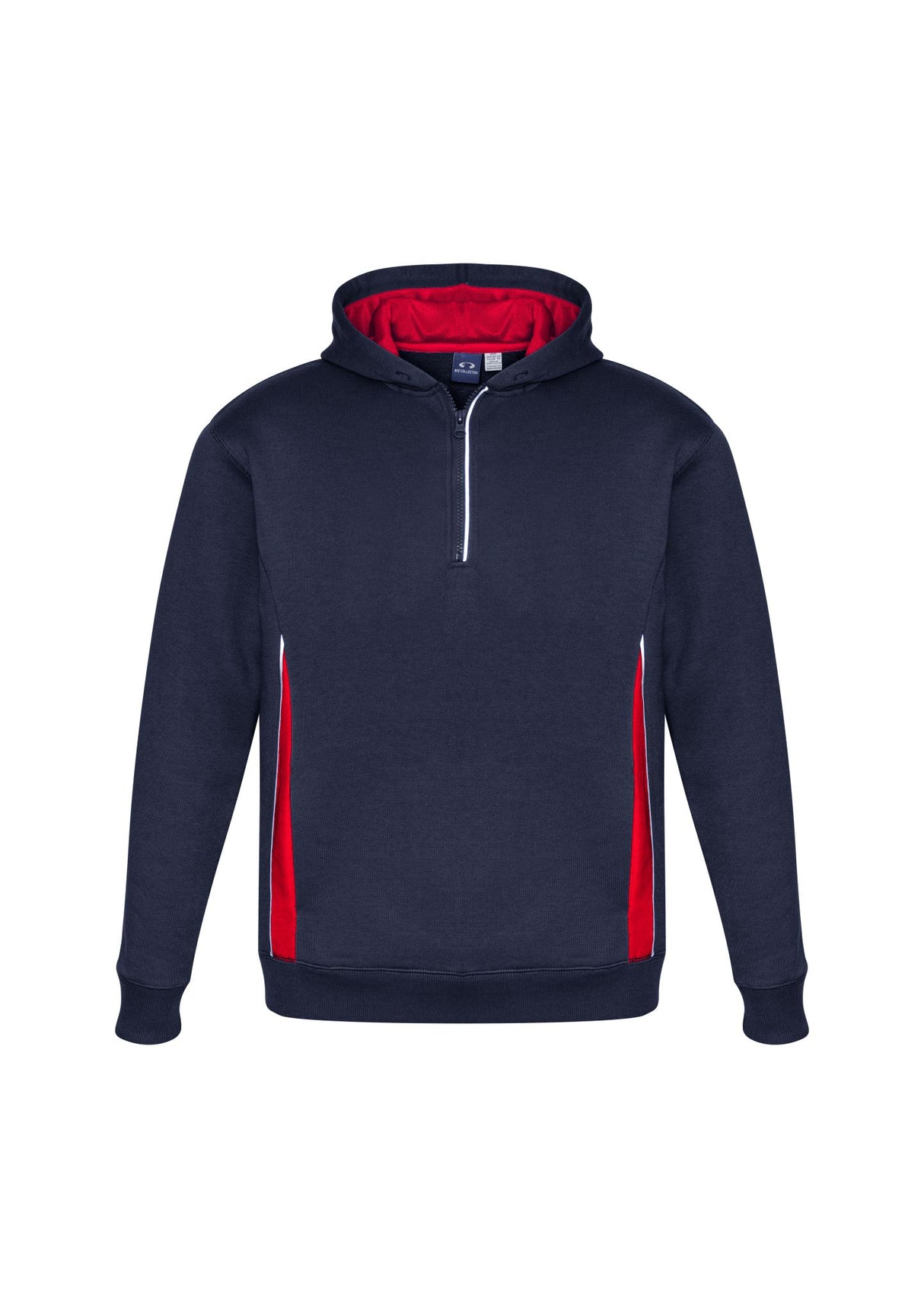 Kids Renegade Hoodie in navy, red, and silver; features reflective trims, zip neck, and hand warmer pockets for active comfort.