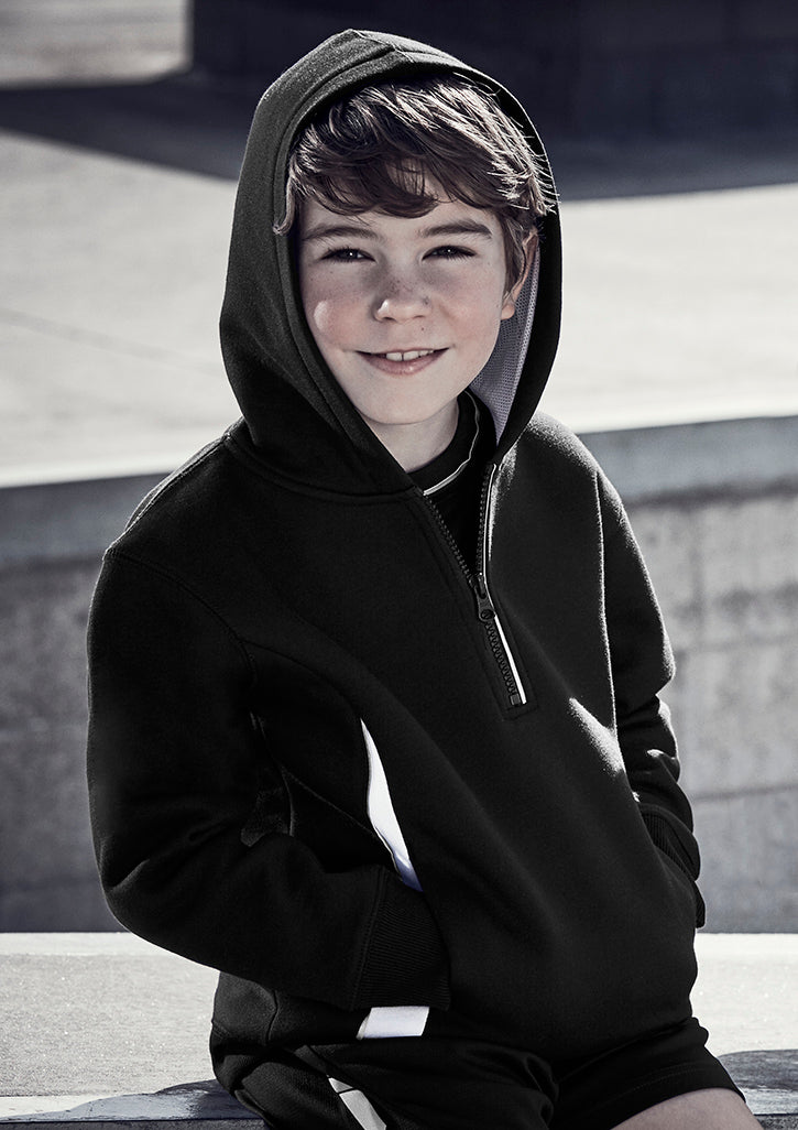 Kids Renegade Hoodie in black, white, and silver with reflective trims, zip neck, and cozy hand warmer pockets. Size 14.