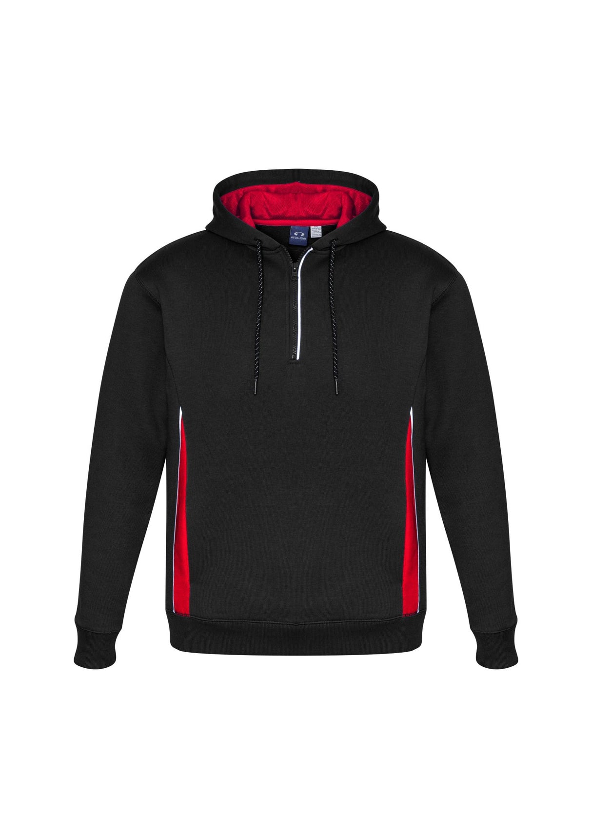 Adults Renegade Hoodie in Black, Red, and Silver, featuring a zip neck, reflective trims, and hand warmer pockets. Size M.