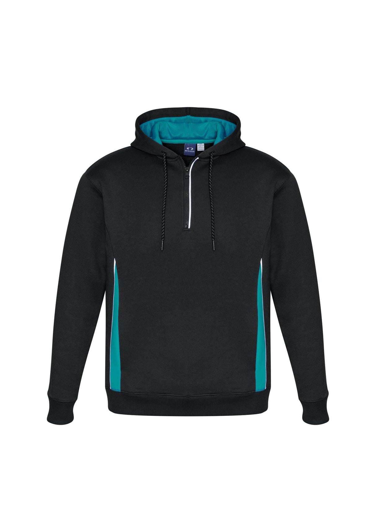 Adults Renegade Hoodie in Black, Teal, and Silver, size L, featuring reflective trims, zip neck, and hand warmer pockets.
