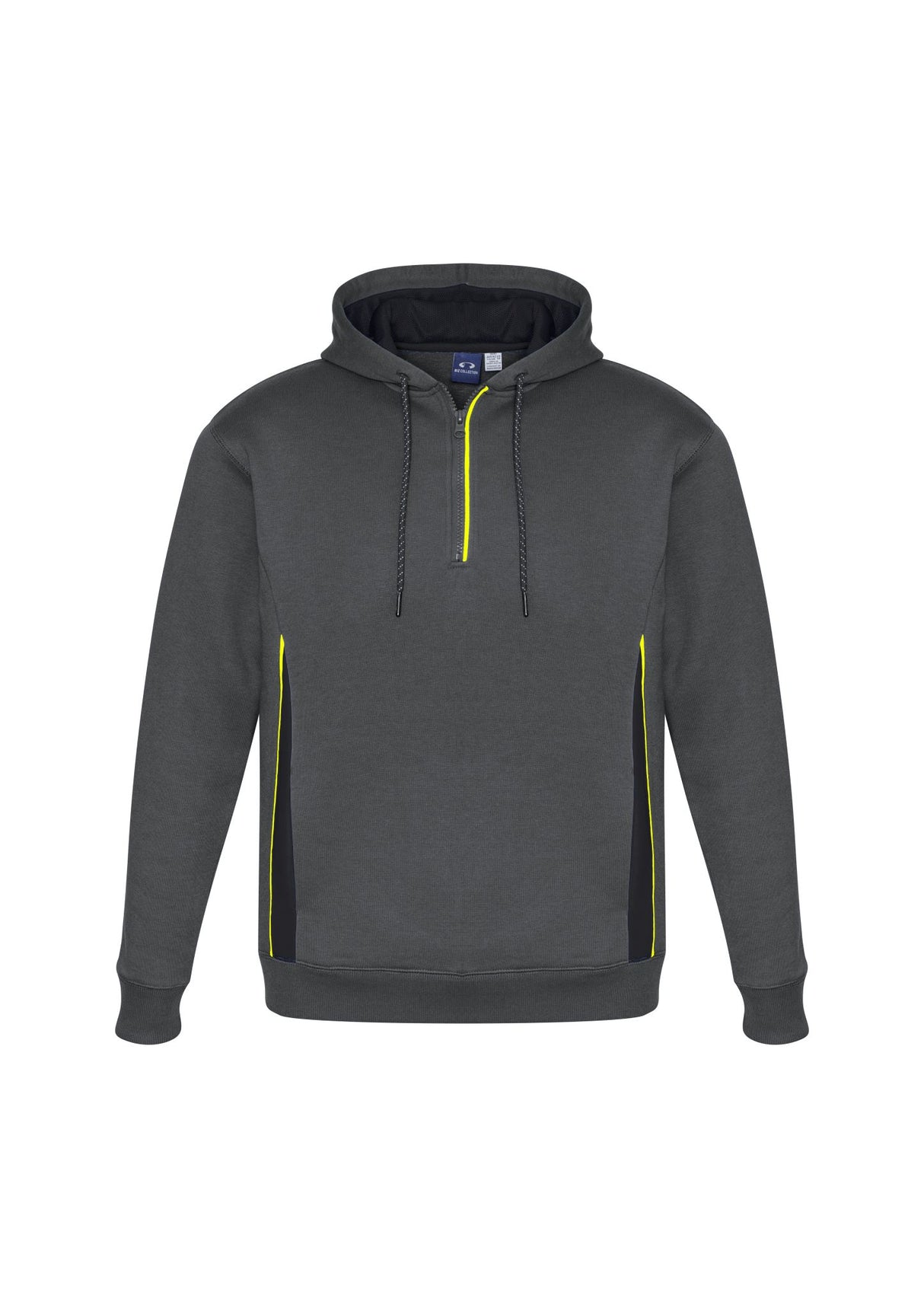Adults Renegade Hoodie in grey, black, and fluoro yellow, featuring a zip neck, reflective trims, and cozy hand warmer pockets.
