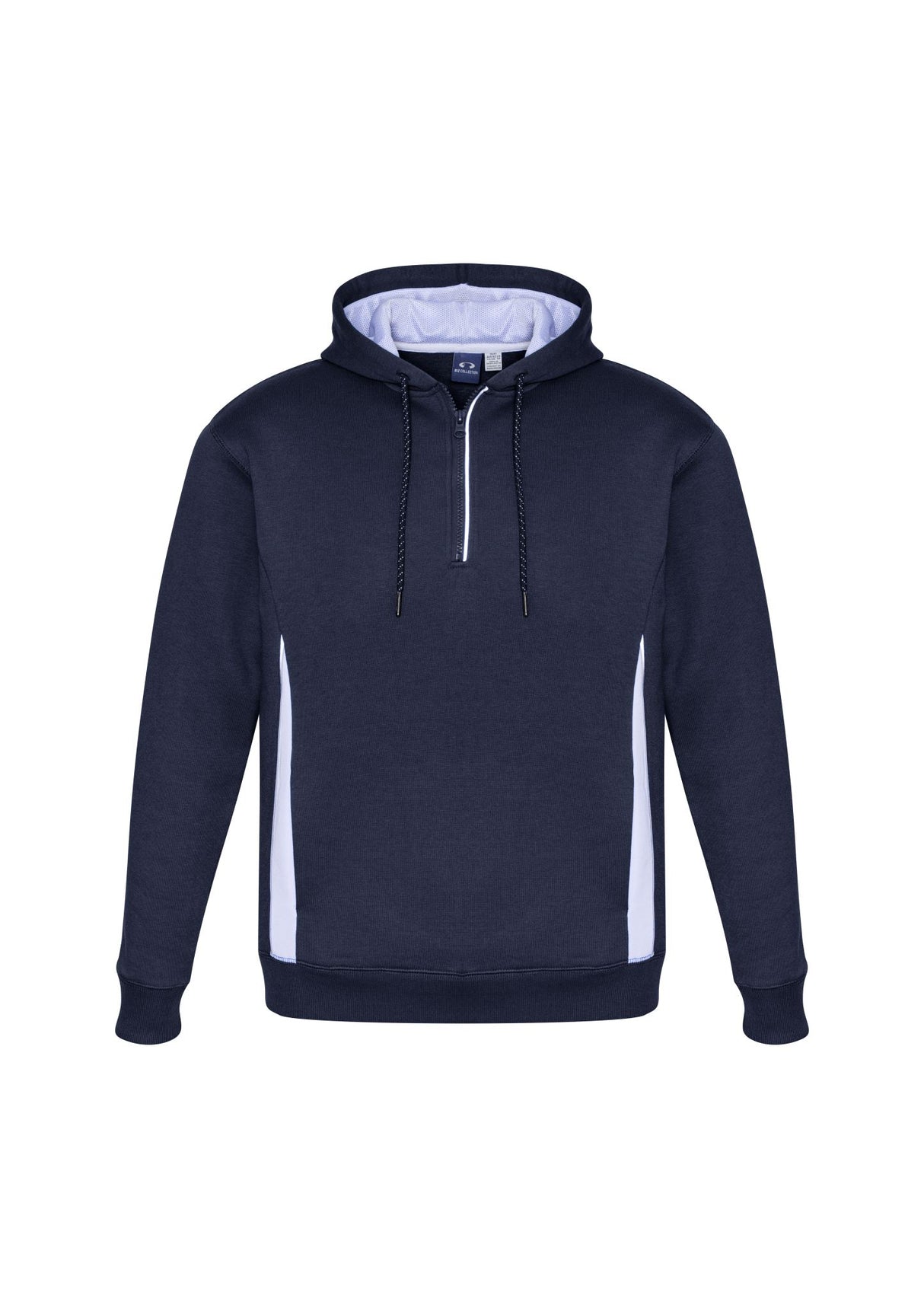 Alt text: Stylish navy hoodie for adults in size 2XL, featuring reflective trims, zip neck, and cozy hand warmer pockets.
