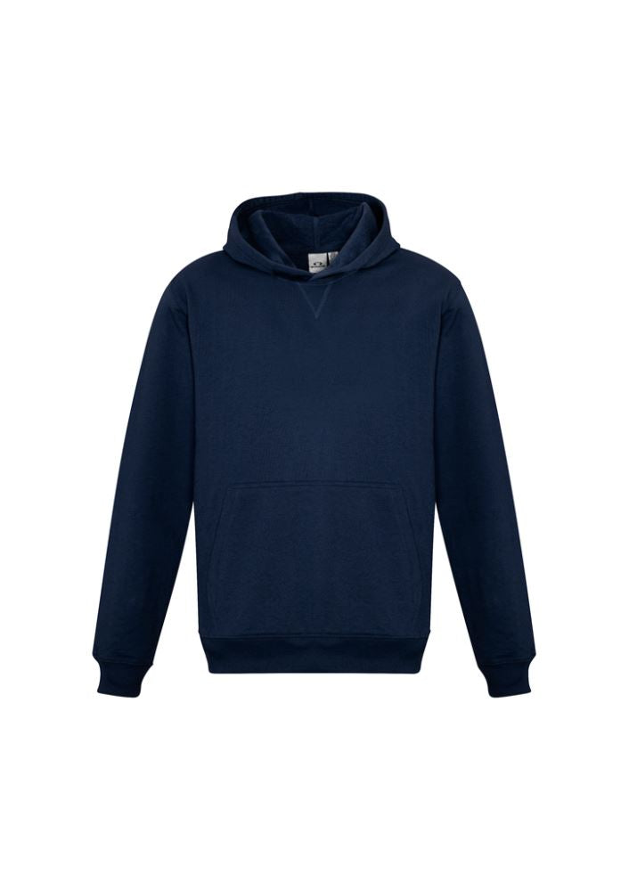 Navy Kids Crew Pullover Hoodie in Size 8, featuring a kangaroo pocket, ribbed hem, and no drawstring for safety.