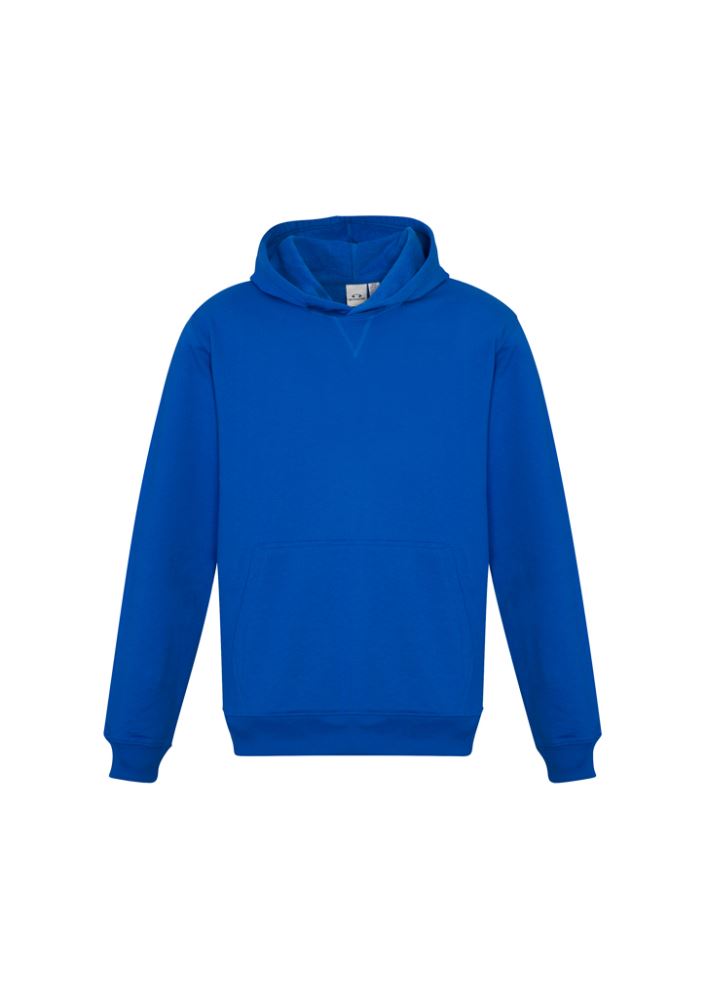 Royal blue Kids Crew Pullover Hoodie in size 14, featuring a kangaroo pocket, ribbed cuffs, and no drawstring for safety.
