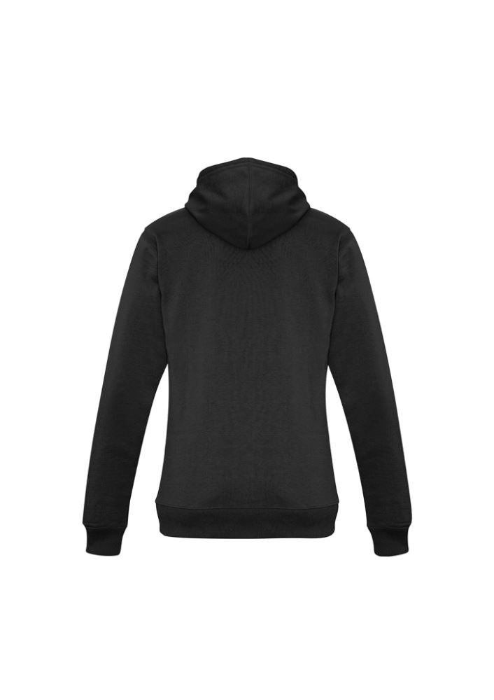 Ladies black pullover hoodie from Biz Collection, size L, features kangaroo pocket, wide drawstring, and snug ribbed cuffs.