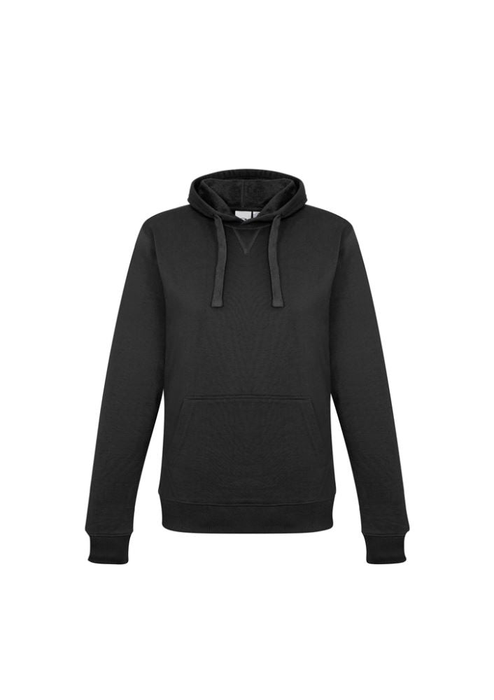 Ladies black crew pullover hoodie in size S, featuring a kangaroo pocket, hood with drawstring, and ribbed cuffs for comfort.