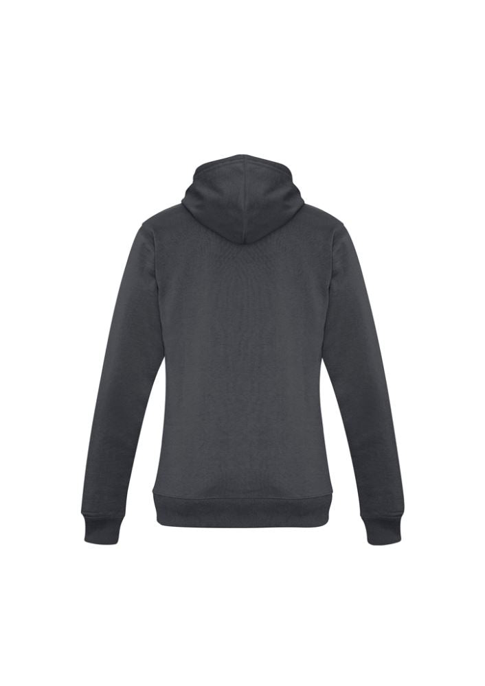 Ladies Charcoal Crew Pullover Hoodie in XL with kangaroo pocket, adjustable hood drawstring, and ribbed cuffs for cozy fit.