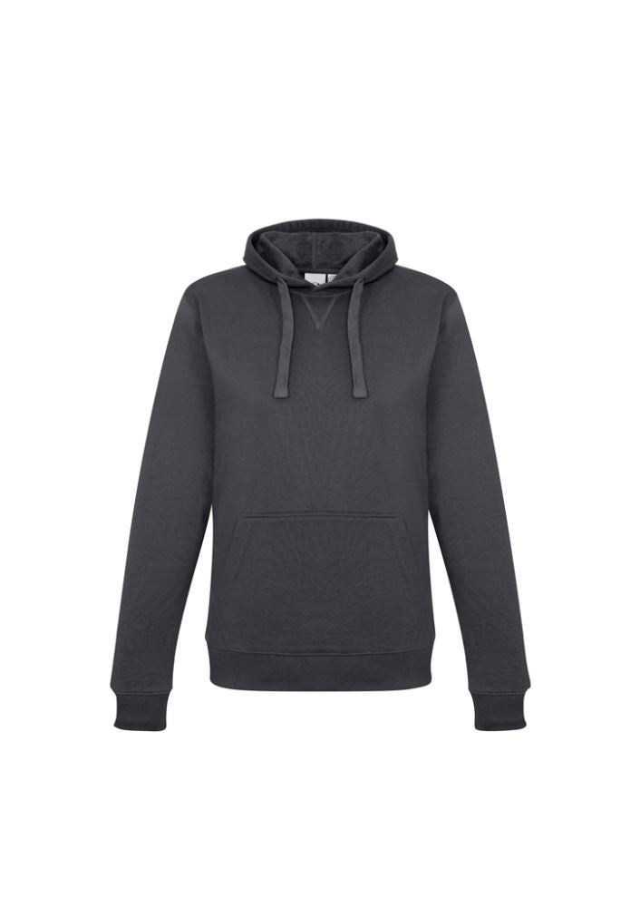 Ladies Crew Pullover Hoodie in Charcoal, Size M, featuring a cozy fleece, kangaroo pocket, and trendy shoelace drawstring.
