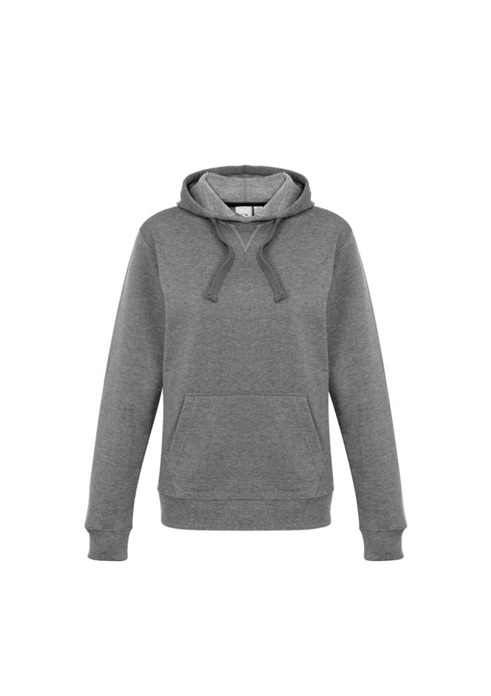Ladies Grey Marle pullover hoodie, size XS, featuring a kangaroo pocket, spacious hood, and stylish drawstring for comfort.