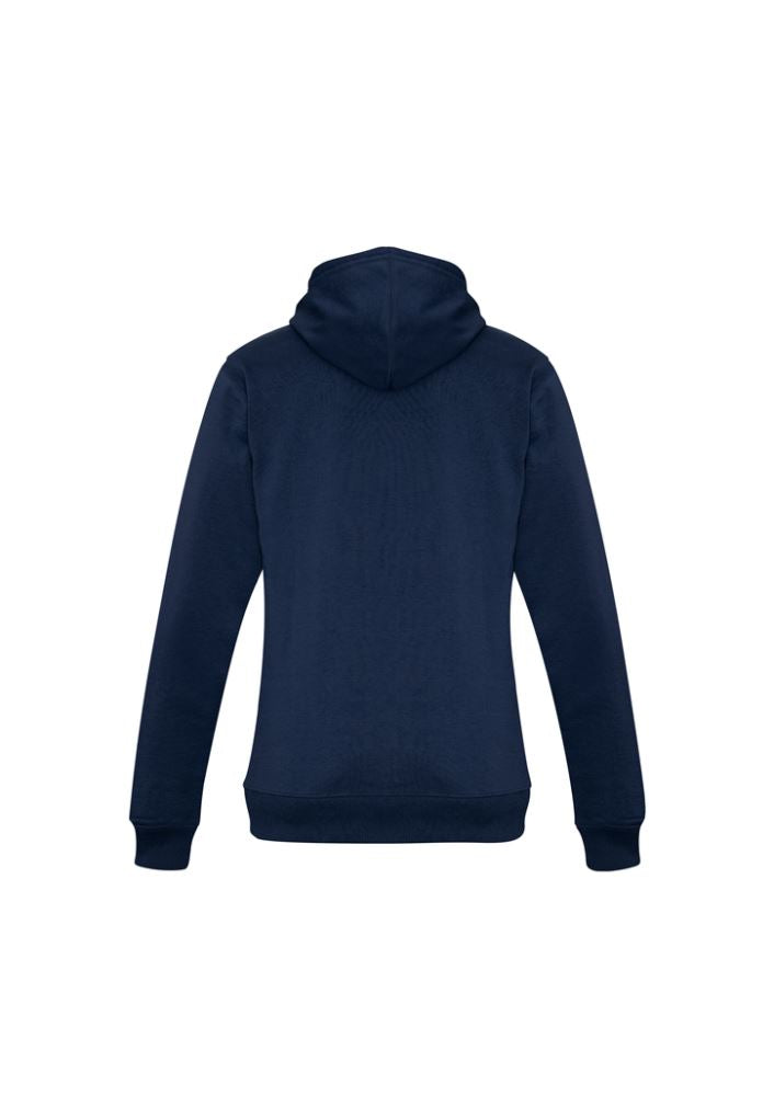 Navy Ladies Crew Pullover Hoodie in Size L, featuring a kangaroo pocket and adjustable hood drawstring for comfort and style.