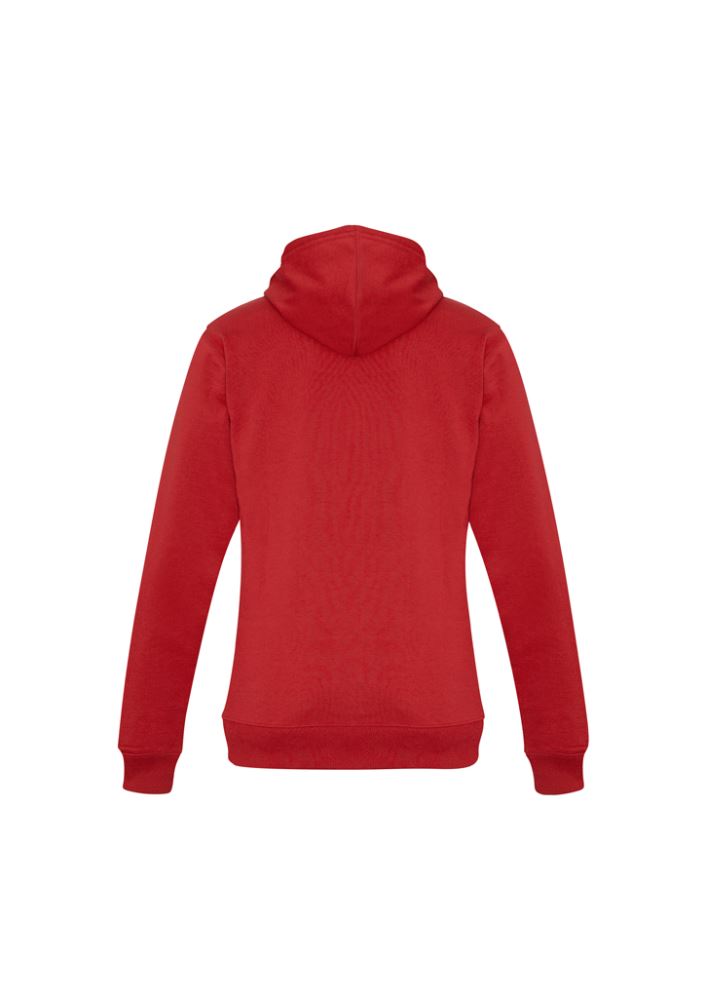 Ladies red pullover hoodie in size L, featuring a kangaroo pocket and wider shoelace drawstring for comfort and style.