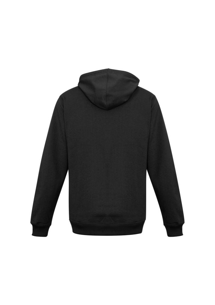 Men's black crew pullover hoodie in size M featuring cozy fleece, kangaroo pocket, and adjustable shoelace drawstring.