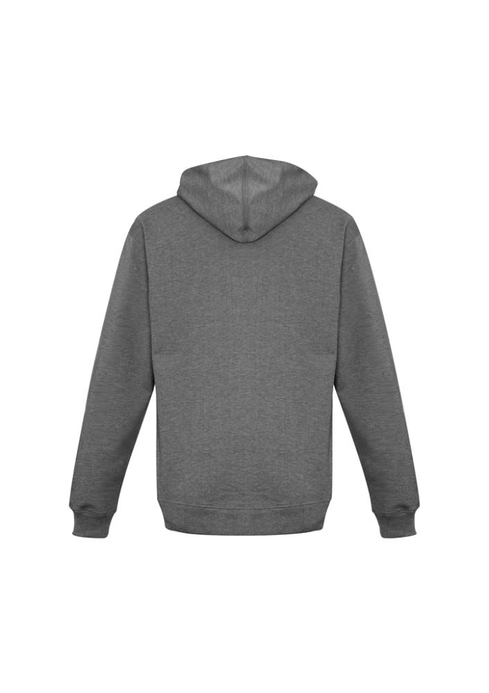 Men's grey marle hoodie with kangaroo pocket, adjustable drawstring, and ribbed cuffs for comfort and style. Size L.