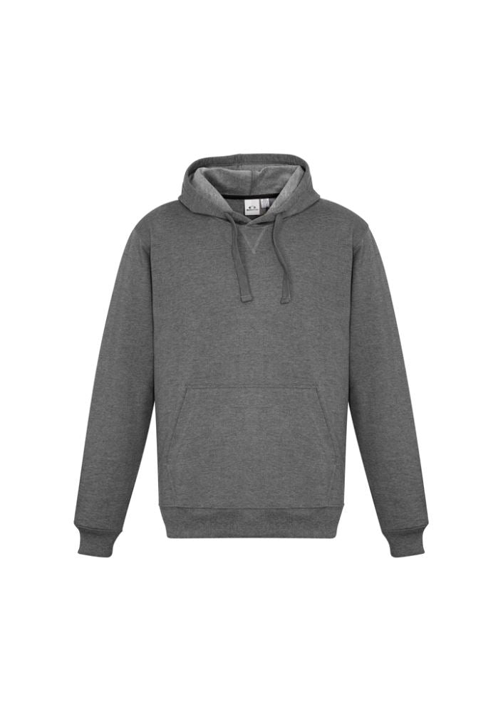 Men's grey marle crew pullover hoodie, size XL, featuring a kangaroo pocket and wider shoelace drawstring for modern style.