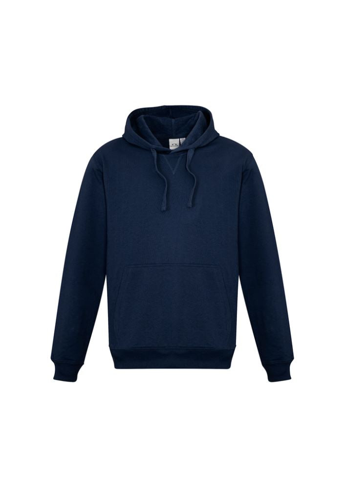 Men's navy crew pullover hoodie, size S, featuring kangaroo pocket, adjustable hood drawstring, and ribbed cuffs for comfort.