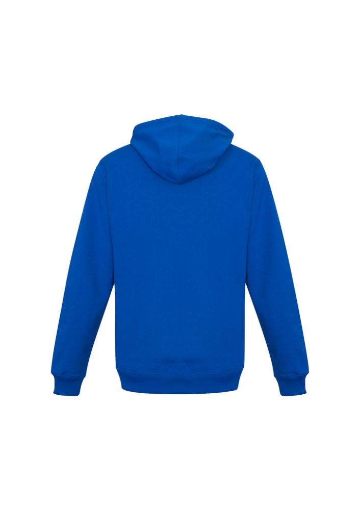 Men's royal blue crew pullover hoodie from Biz Collection, size L, featuring a kangaroo pocket and drawstring hood.