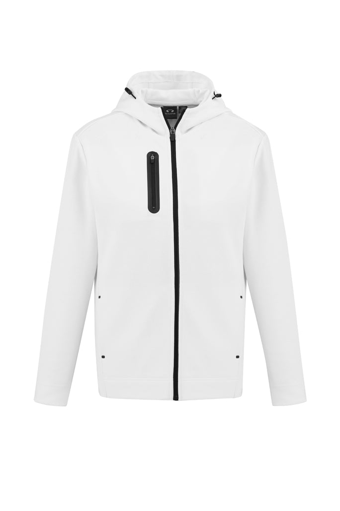 Ladies Neo Hoodie in White, Size S, featuring a soft fabric, high-neck hood, zippered chest pocket, and ergonomic fit for comfort.