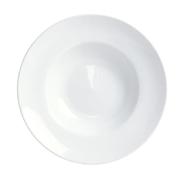 Small white porcelain plate, 27 x 6 cm, perfect for serving pasta and enhancing kitchen aesthetics.