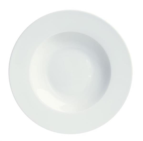 Elegant 24cm white porcelain soup plate, combining beauty with lightweight durability for every kitchen.
