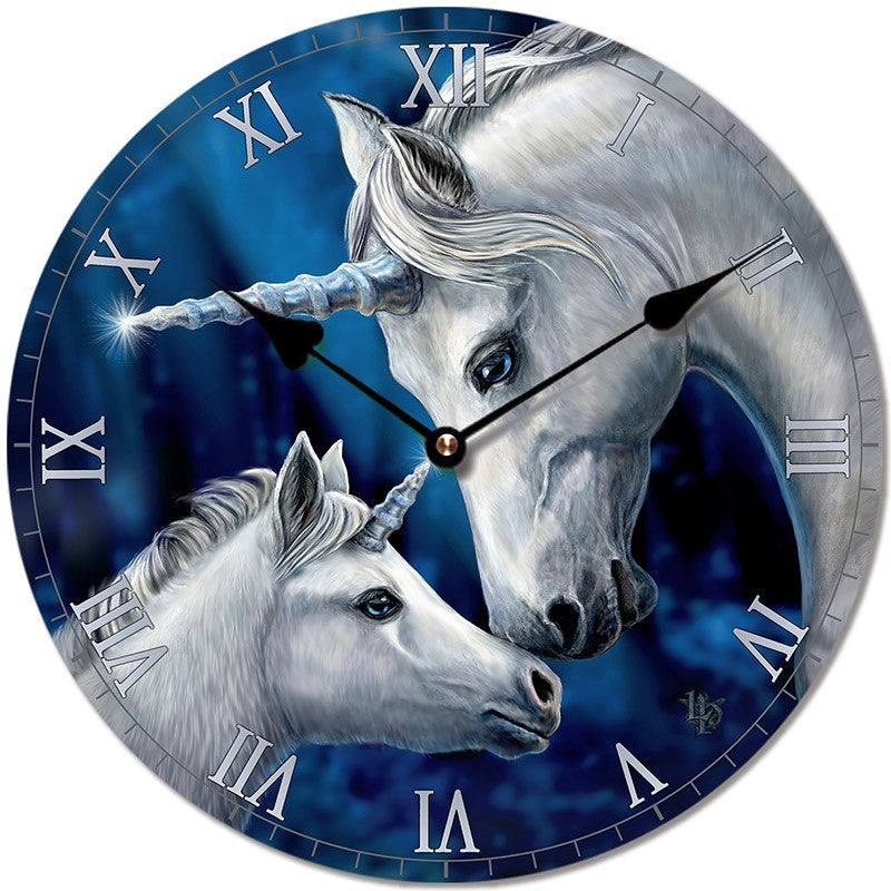 Wall clock featuring a unicorn design by Lisa Parker, 30cm diameter, wood construction, ready to hang, perfect for decor.