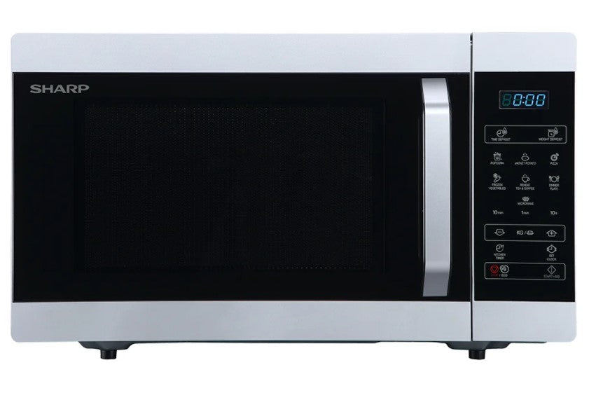 Compact silver microwave with 800W power, 20L capacity, turntable, 11 power levels, and child lock feature.