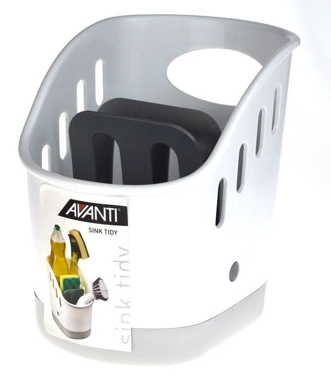 Avanti Sink Tidy: Stylish and functional organizer for sponges, brushes, and detergents with drainage and carry handle.