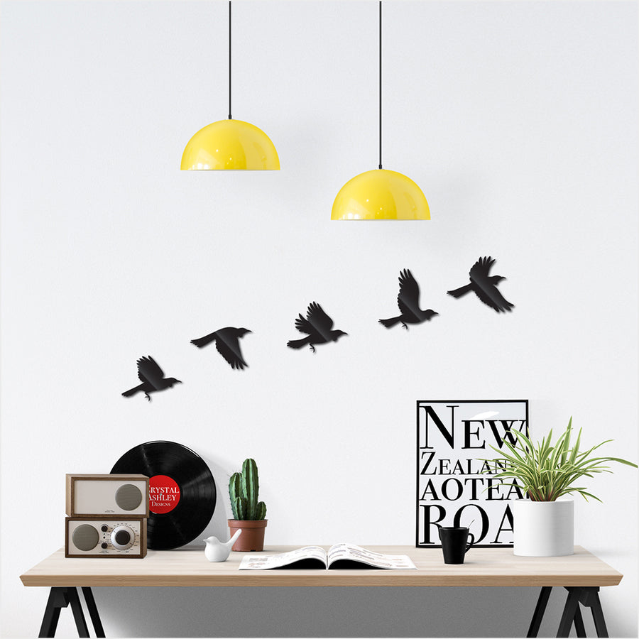 Vibrant wall art of a flying flock of Tuis, beautifully crafted from durable ACM, perfect for enhancing indoor and outdoor spaces.