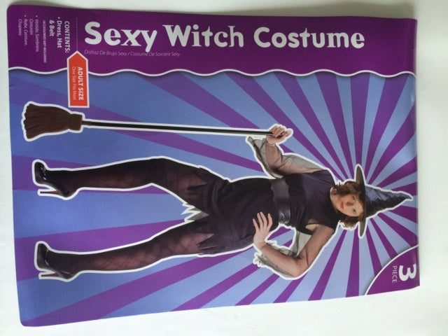 Sexy witch costume for adults featuring a dress, hat, and belt, perfect for Halloween and themed parties.