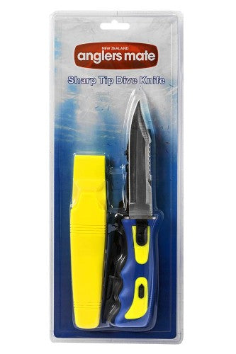 Durable stainless steel dive knife with ergonomic handle and locking sheath, ideal for underwater adventures and fishing trips.