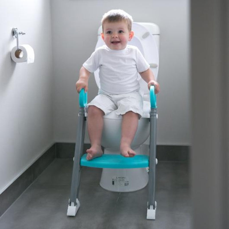 Moose Step on Up Toilet Trainer in Grey/Aqua for toddlers, featuring non-slip pads and easy storage for potty training.