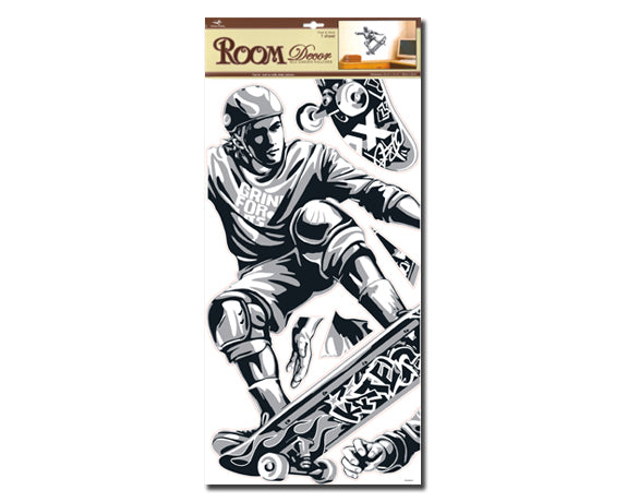 Black and white skateboard wall decal, 50 x 58cm, perfect for enthusiasts seeking stylish, removable decor.