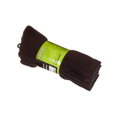 3-pack of heavyweight black outdoor socks for sizes 11-13, featuring a rib cuff for secure fit and moisture-wicking fabric.
