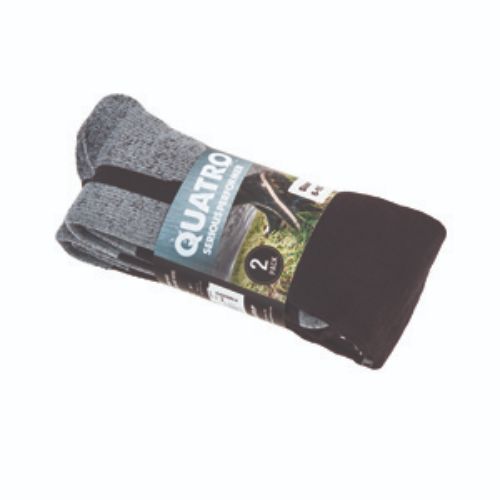 2 Pack Quatro Gumboot Socks in Black/Grey for size 11-13, featuring Merino Wool for warmth and ergonomic fit for hiking and outdoor use.