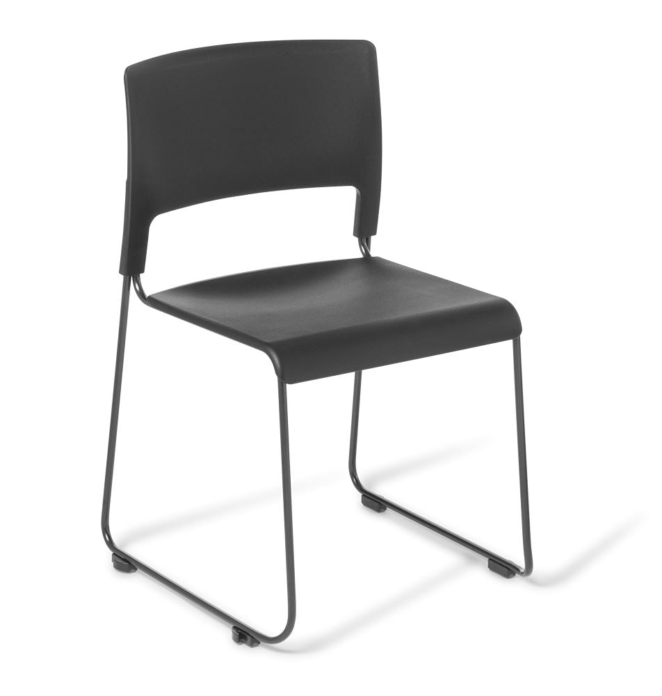 Sleek black Slim Chair without upholstery, high-stacking, durable polypropylene seat, and sturdy steel frame for versatile use.