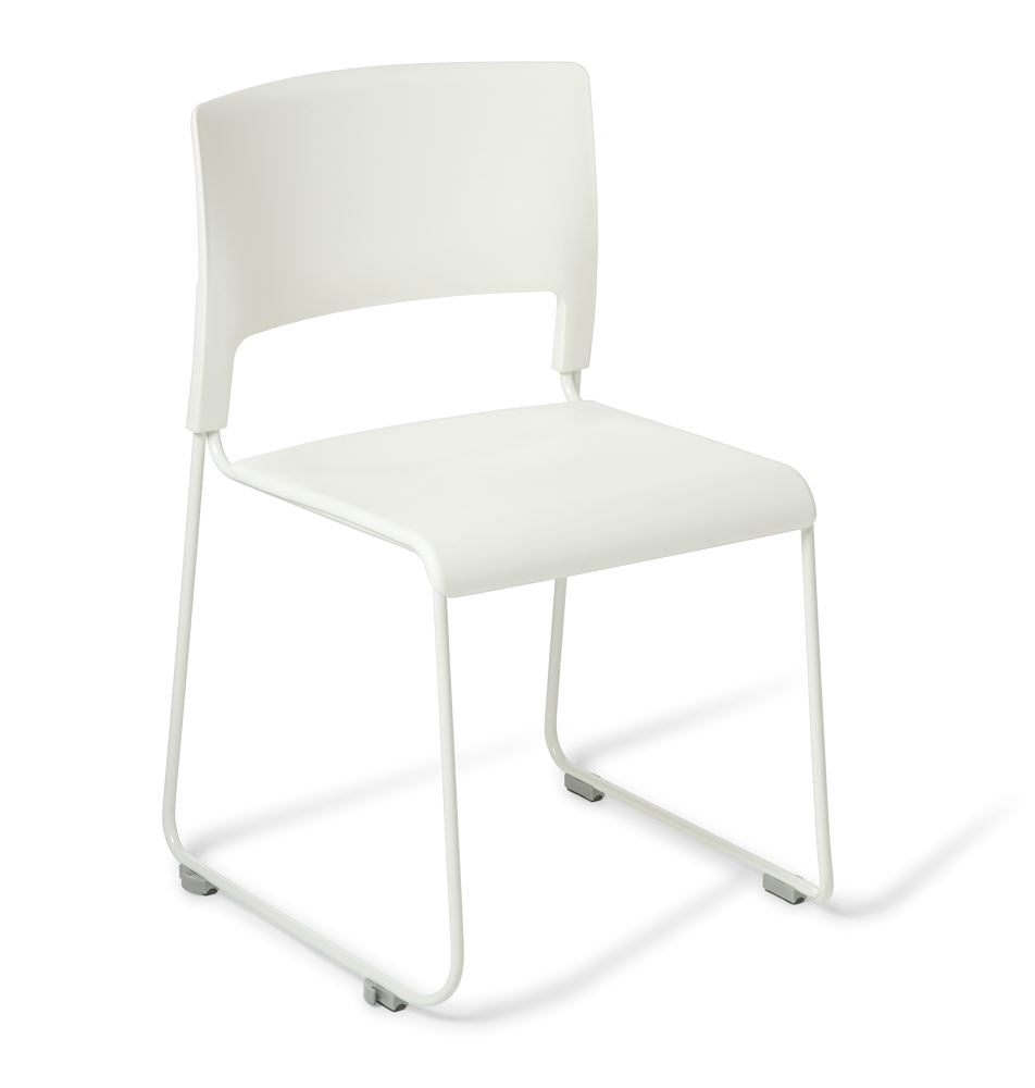 White Slim Chair without upholstery, featuring a sturdy steel frame, high-stacking design, and modern style for versatile seating.