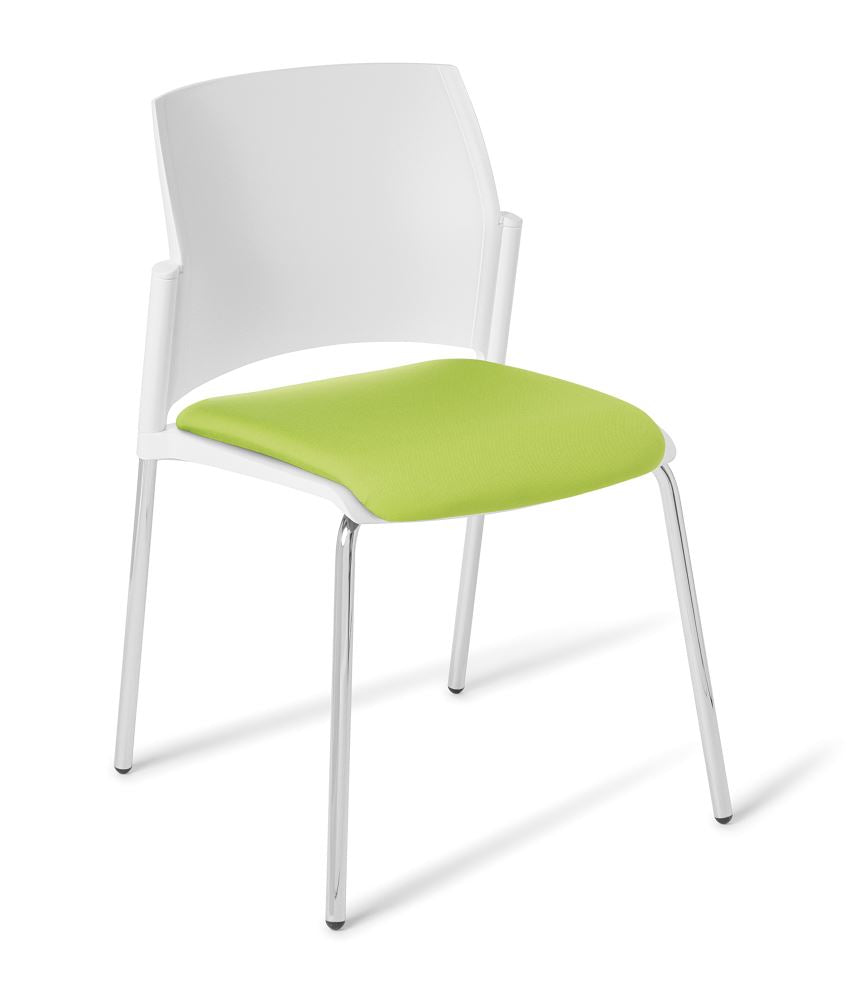 Modern upholstered chair with a white chrome frame, offering comfort and style for dining, cafes, and office spaces.