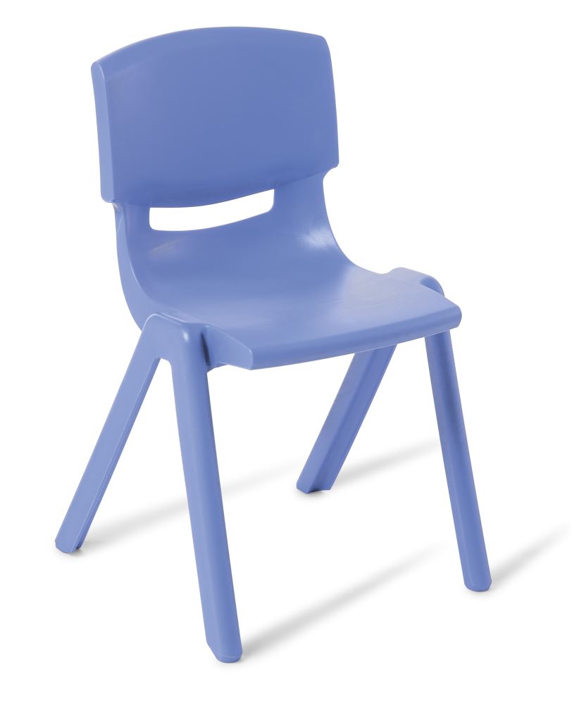 Durable blue stackable chair, designed for community use, suitable for indoor and outdoor settings, easy to clean.